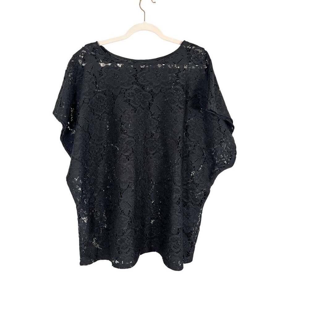 Retro Floral Mesh Top Black L Neutral Festive Classic Chic Preppy Boho Western